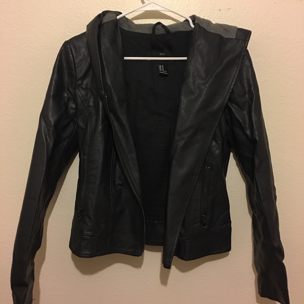 Black leather jacket with hood